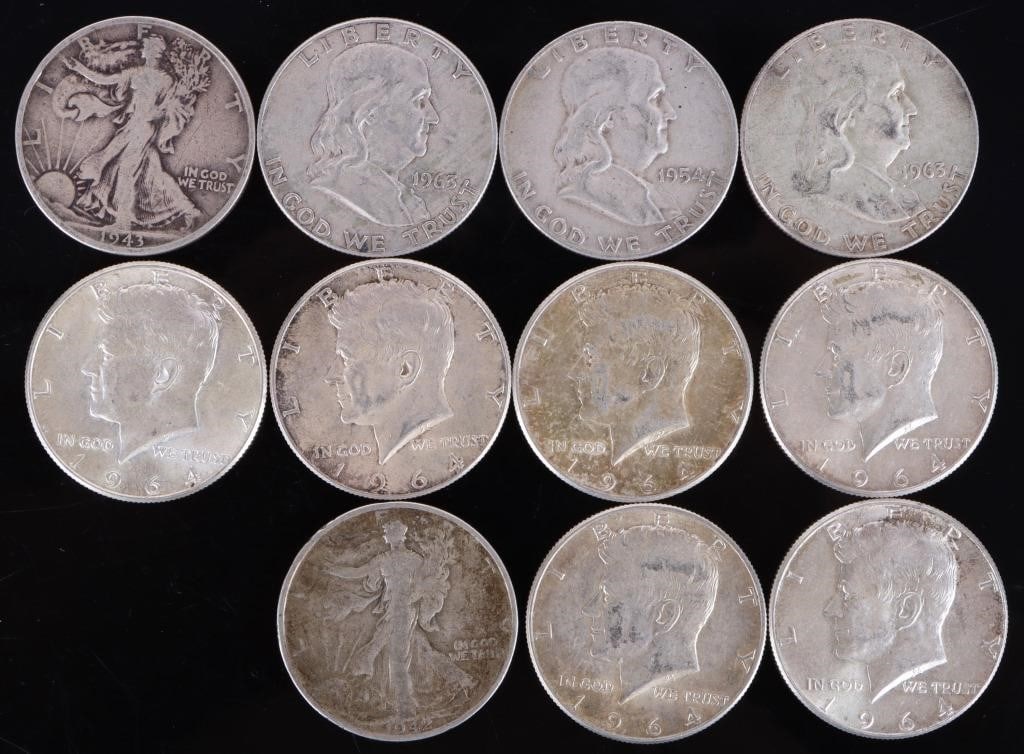 ASSORTED 90% SILVER U.S. HALF DOLLARS - (11): Assorted 90% silver U.S. Half Dollars to include two Walking Liberty Half Dollars, three Ben Franklin Half Dollars, and 5 Kennedy Half Dollars.Weight: 137.50 GramsCondition: Around Good to Almost