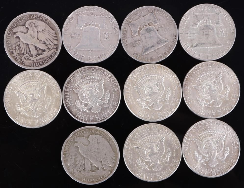 ASSORTED 90% SILVER U.S. HALF DOLLARS - (11) - 2