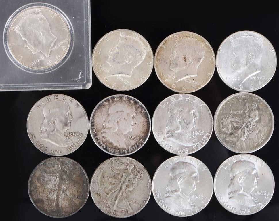 ASSORTED 90% SILVER U.S. HALF DOLLARS - (12): Assorted 90% silver U.S. Half Dollars to include one 1925 P Stone Mountain Silver Half Dollar, five Ben Franklin Half Dollars, two Walking Liberty Half Dollars, and four 1964 Kennedy Half