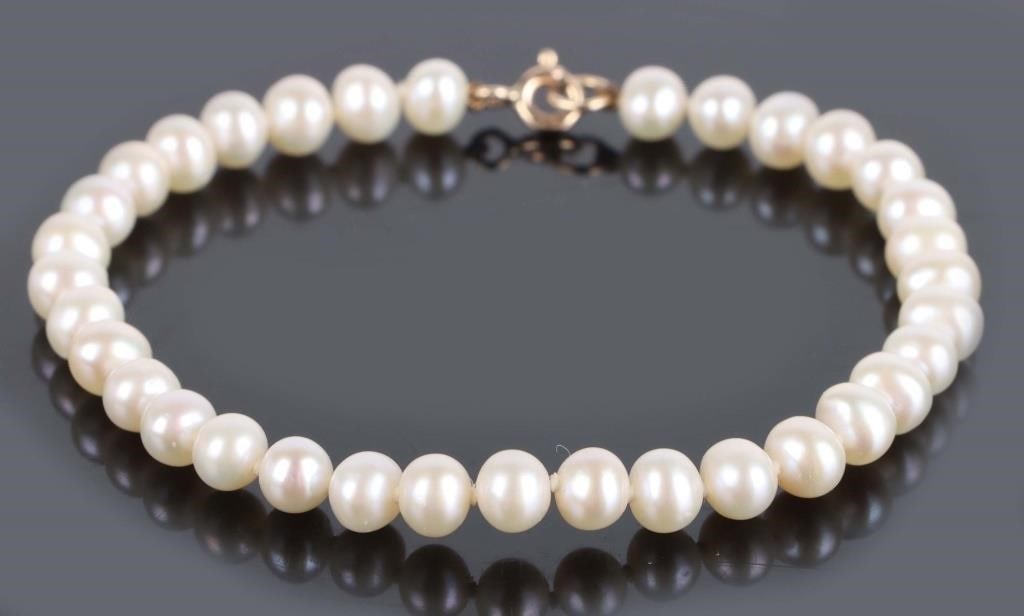 14K YELLOW GOLD-CLASPED WHITE PEARL BRACELET (1 of 3)