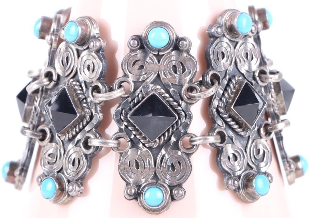 STERLING SILVER ONYX TURQUOISE LINK BRACELET (1 of 3)