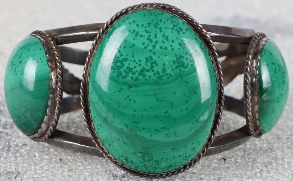 LARGE GREEN MALACHITE STERLING SOUTHWEST CUFF (1 of 3)