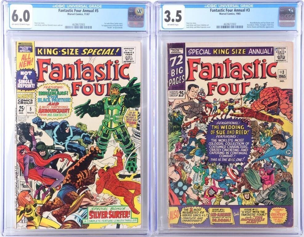 KING SIZE FANTASTIC FOUR #3 & 5 CGC 3.5 - 6.0: King Size Fantastic Four issues # 3 (CGC 3.5, wedding of Reed Richards and Sue Storm) and 5 (CGC 6.0).Condition: #3 - CGC 3.5#5 - CGC 6.0 Comic books Marvel Silver Age (1956-1970) Graded and Slabbed