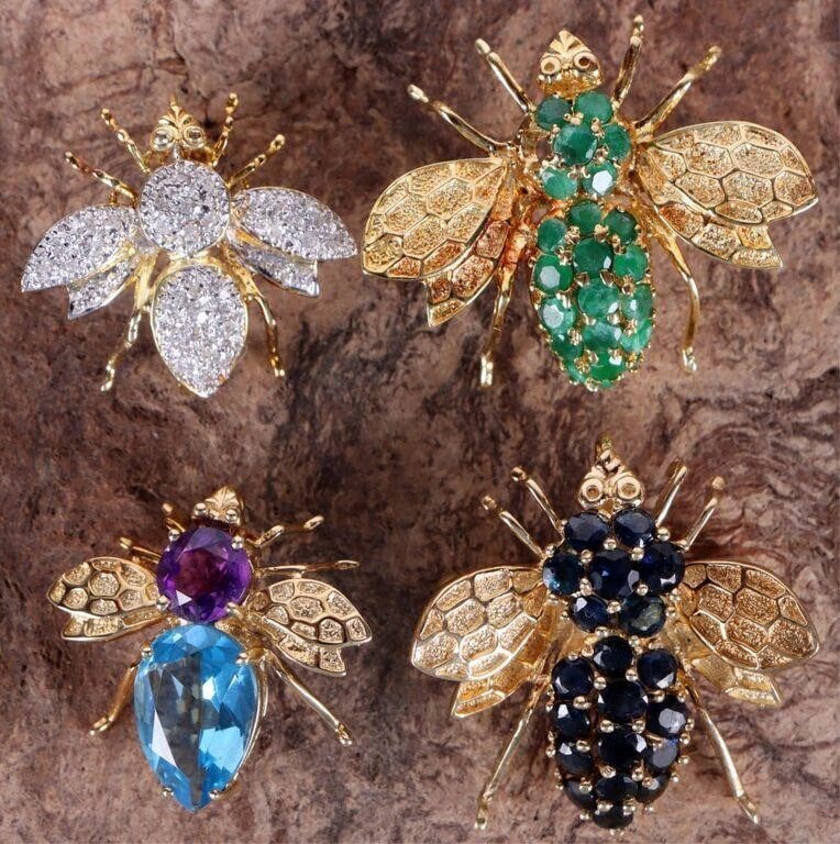 14K YELLOW GOLD BEE BROOCHES EMERALD SAPPH DIA (4) (1 of 10)