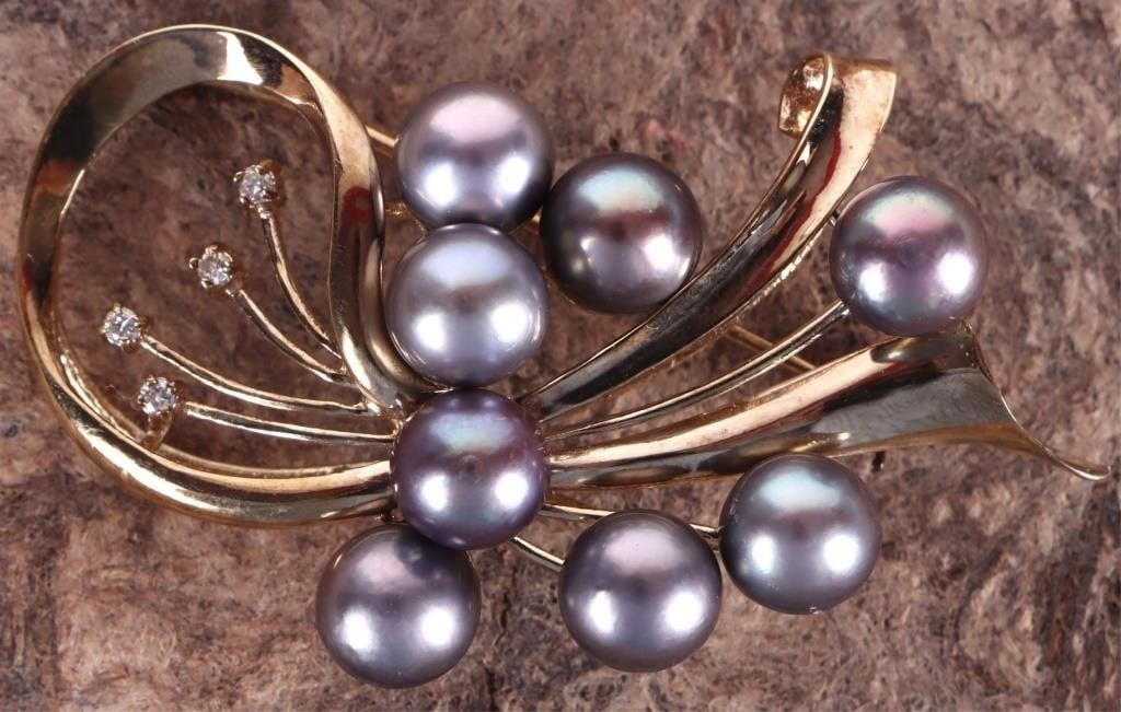 14K YELLOW GOLD LADIES BROOCH W/ DIAMONDS & PEARLS (1 of 3)