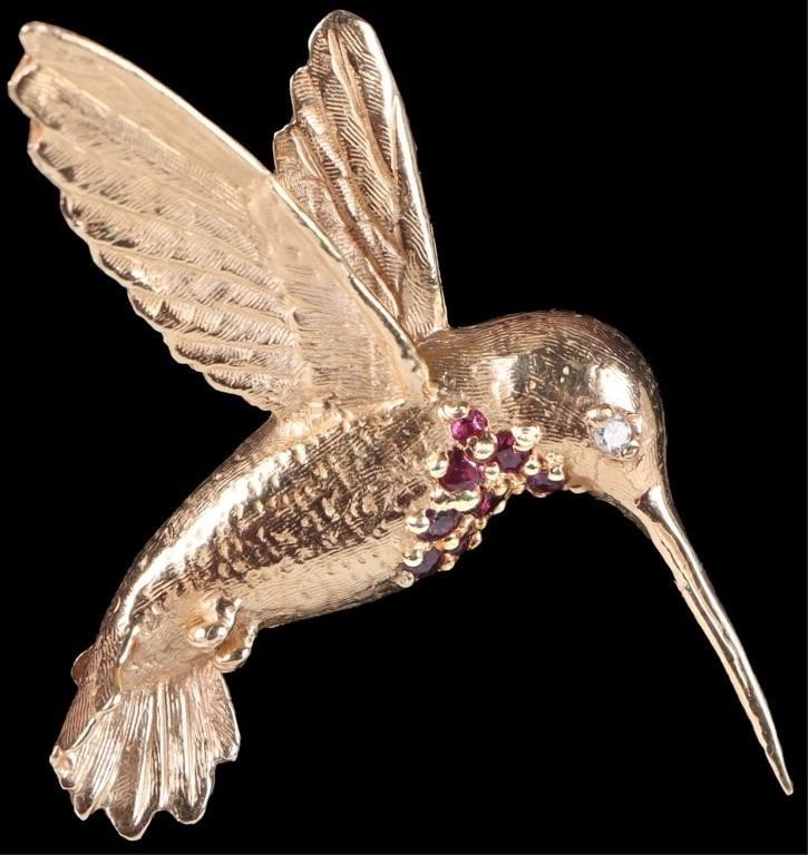 14K YELLOW GOLD HUMMINGBIRD BROOCH W/ RUBIES & DIA (1 of 4)