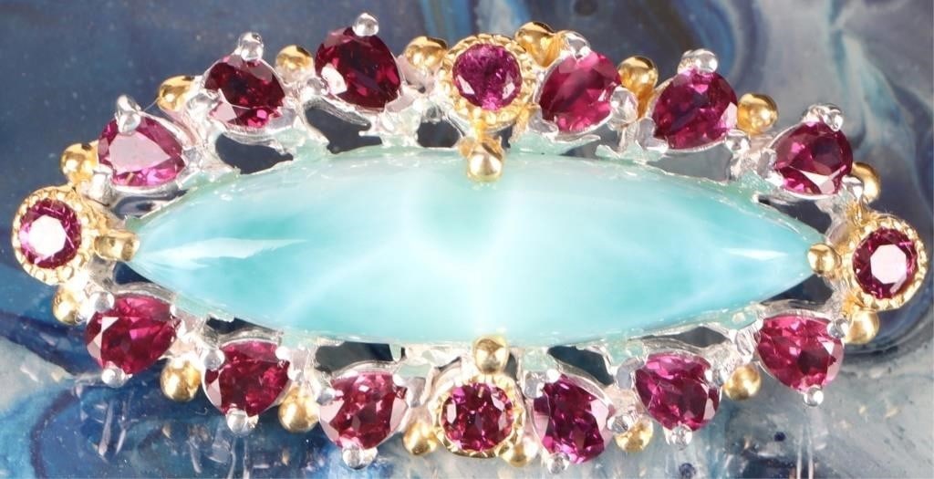 14CT LARIMAR STERLING SILVER BROOCH W/ RHODOLITE (1 of 3)