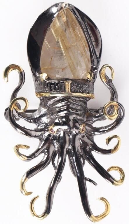 STERLING SILVER BROOCH SQUID W/ RUTILATED QUARTZ (1 of 4)