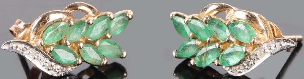 10K YELLOW GOLD EMERALD DIAMOND LADIES EARRINGS (1 of 4)