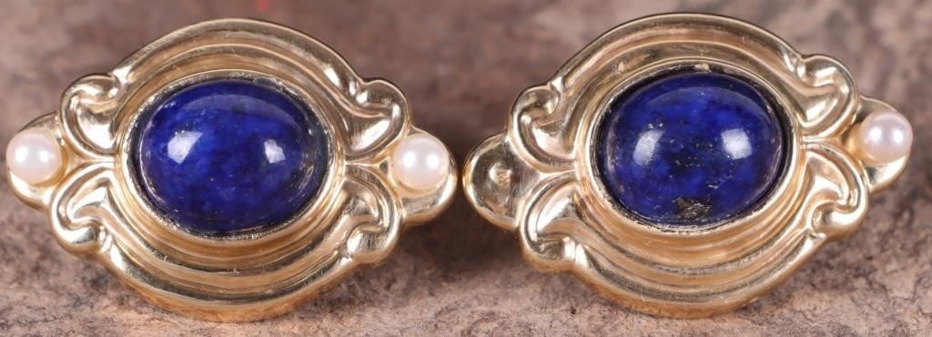 14K YELLOW GOLD LADIES EARRINGS W/ PEARL & LAPIS (1 of 4)