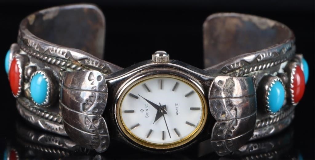 L.M. SIGNED STERLING SOUTHWEST NAVAJO SIGNET WATCH (1 of 3)