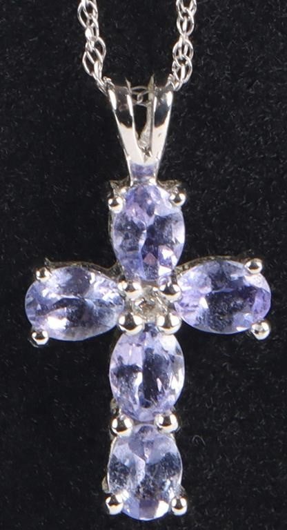 TANZANITE 10K WHITE GOLD CROSS LADIES NECKLACE (1 of 3)