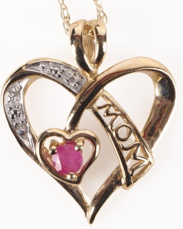 10K YELLOW GOLD OPEN HEART RUBY MOM NECKLACE (1 of 4)