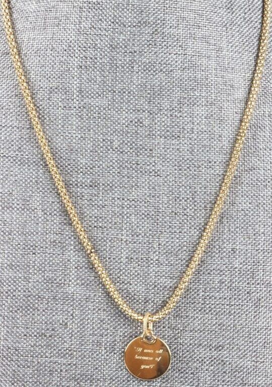 PANDORA 14K YELLOW GOLD STUDDED CHAIN NECKLACE: 14K yellow gold Pandora studded chain ladies necklace. Part of Pandora's "Moments" line, the pendant features an etching which reads "It was all because of you" on one side and "A [heart symbol] A" on