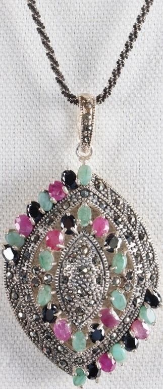 STERLING RUBY, ONYX, & EMERALD PENDANT NECKLACE (1 of 4)