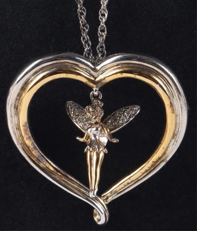 24K GP BRADFORD EXCHANGE TINKERBELLE PENDANT+CASE: Bradford Exchange sterling silver pendant with 24K gold-plated elements and Swarovski crystals depicting the Disney Peter Pan character Tinker Bell floating in the middle of a heart. The heart is made