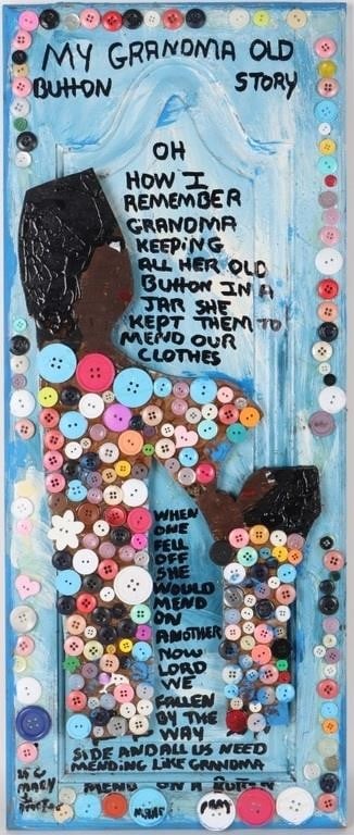 MARY L. PROCTOR 'GRANDMA BUTTON STORY' OIL ON DOOR: "Missionary" Mary Louise Proctor (1960-Present, American) "My Grandma Old Button Story" oil on door collage. This piece depicts a story Mary remembered from her childhood where her grandmother would m