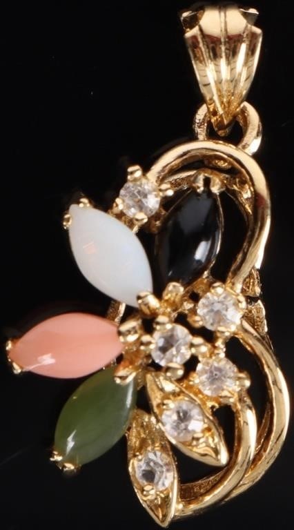 10K YELLOW GOLD CZ & STONE LADIES PENDANT: 10K yellow gold cubic zirconium and stone ladies pendant with four multi-colored stones.Stone Type: AssortedWeight: 1.71 GramsSize: 1.0" lengthCondition: Like new qualities. See images for complete co