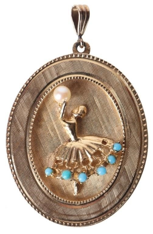 14K YELLOW GOLD BALLET PENDANT W/ PEARL & TURQ (1 of 2)