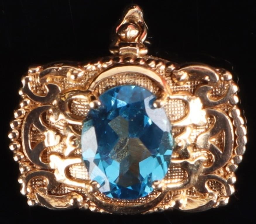 14K YELLOW GOLD BLUE TOPAZ ORNATE PENDANT/ LINK (1 of 3)