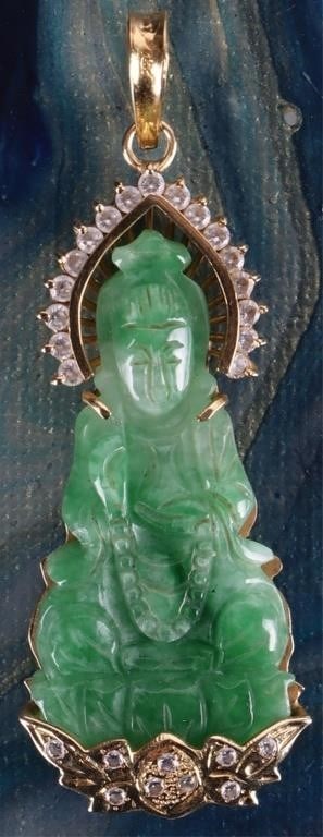 18K YELLOW GOLD GREEN JADE BUDDHA CZ PENDANT (1 of 3)