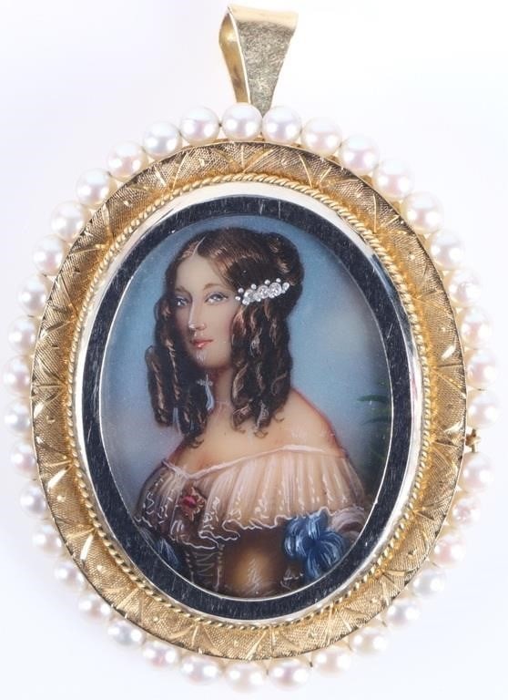 18K YELLOW GOLD LADIES PENDANT W/ PAINTED PORTRAIT (1 of 3)