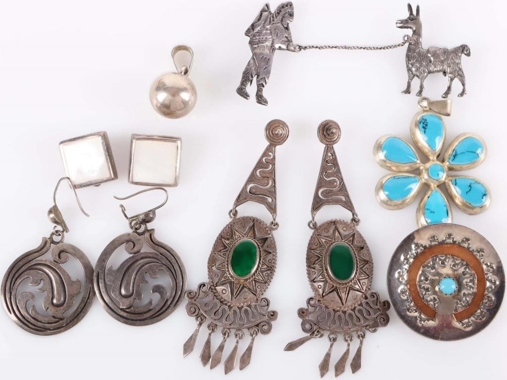 MEXICO STERLING SILVER LADIES JEWELRY LOT (7): Mexican sterling silver ladies assorted jewelry pieces. Lot features a spherical pendant, a pair of brooches with an Incan shepherd leading an alpaca by a chain, a pair of earrings with swirling