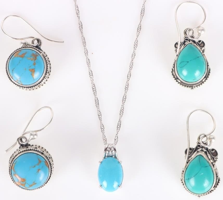 SLEEPING BEAUTY TURQUOISE & HOWLITE SILVER JEWELRY: Sleeping beauty turquoise and howlite sterling silver ladies earring and necklace. Lot includes two pairs of howlite earrings and one sleeping beauty turquoise necklace.Stone Type: AssortedWeight: