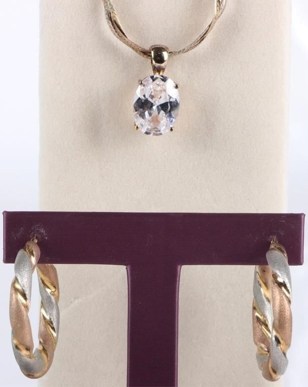 STERLING SILVER TRI-COLOR CZ LADIES JEWELRY SET: Sterling silver tri-color CZ ladies jewelry set to include one pair of matching tri-color sterling silver earrings and one tri-color sterling silver CZ ladies necklace with one 15.83mm X 12.01mm