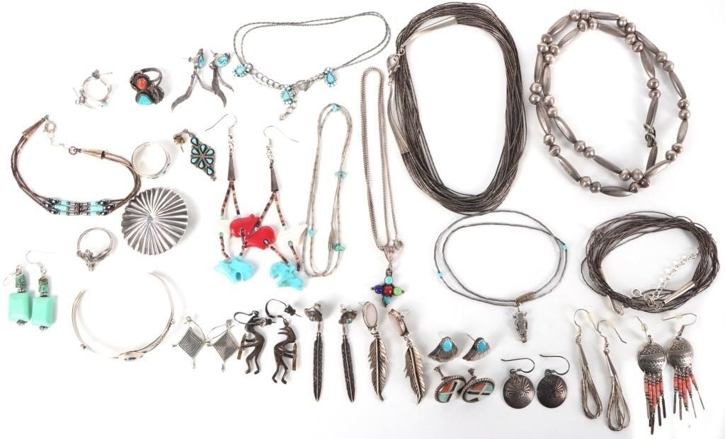STERLING SILVER SOUTHWEST LADIES JEWELRY LOT (26): Sterling silver southwest ladies jewelry lot of 26. This jewelry lot contains 15 sets of earrings, 2 southwest rings, 2 southwest bracelets and 7 southwest necklaces. Jewelry is an assortment of