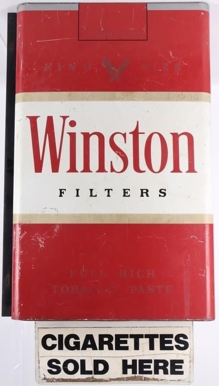 VINTAGE WINSTON FILTER KING SIZE ADVERT 3-D SIGN: Vintage 1970's Winston Filter King Size cigarette advertising 3-D sign with the side attachment and an under sign saying "Cigarettes Sold Here."Size: 27.25" X 18.25"Condition: Wear commensurate with