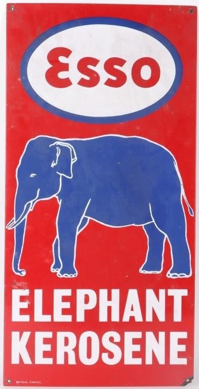 VINTAGE ESSO ELEPHANT OIL PORCELAIN ENAMEL SIGN: Vintage Esso Elephant Oil porcelain sign coated with enamel paint.Size: 24 X 12"Condition: See pictures.