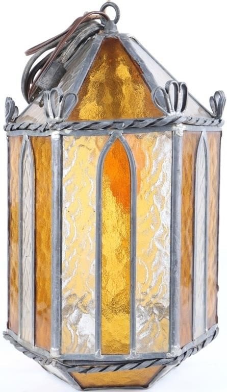 ANTIQUE ATMOSPHERIC CEILING LAMP W/ LEAD GLASS: Antique electric ceiling light with leaded stained glass that gives an atmospheric mood light. Made in Sweden during the first half of the 20th century.Size: 15" Tall (glass)Condition: Wear