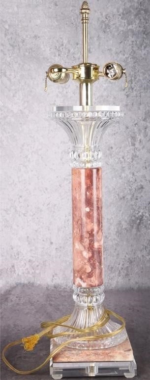 1970'S CONCORD SIMONE PINK MARBLE CRYSTAL LAMP: 1970's Concord Simone pink marble crystal column table lamp.Size: 28.5" TallCondition: Very fine, does not come with bulbs.
