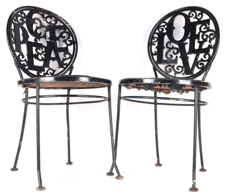 ARTHUR UMANOFF LOVE PEACE CHAIRS MIDCENTURY MODERN: Lot of two 1960's Midcentury Modern Arthur Umanoff wrought iron chairs with the word "Love" playfully arranged on the back of one and "Peace" arranged on the other. The pieces have been repainted and
