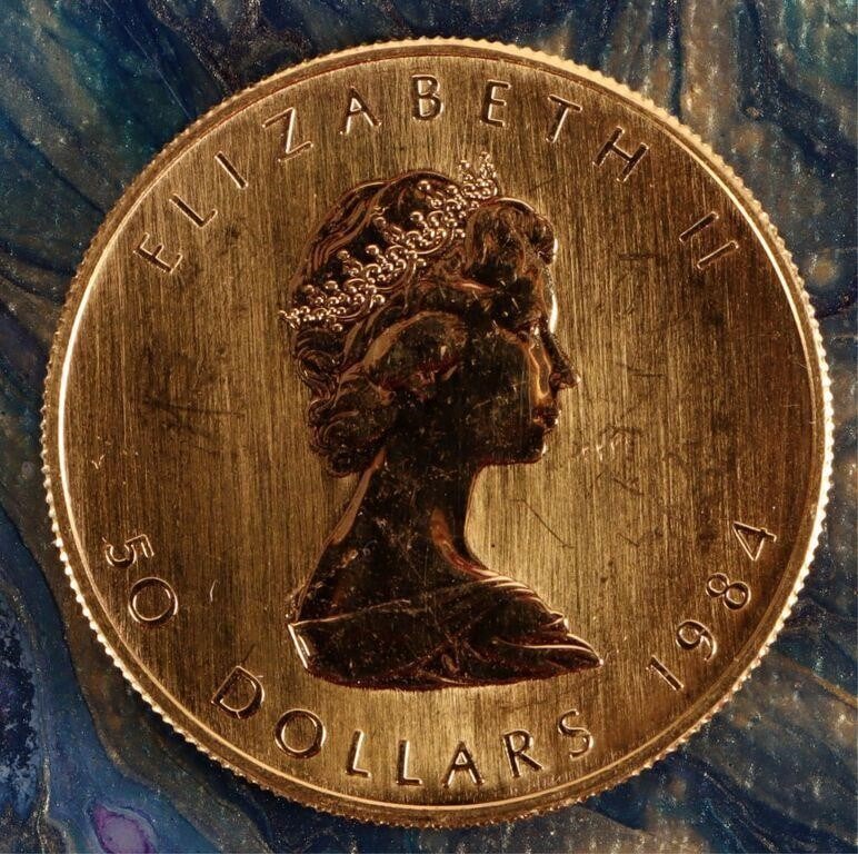 FINE GOLD 1 OZT 1984 $50 CANADIAN MAPLE LEAF MS: Fine gold 1 Troy ounce 1984 $50 Canadian Maple Leaf Mint State uncirculated.Weight: 31.16 GramsCondition: Mint State uncirculated.