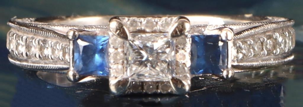 71 DIAMONDS 1.7 CTW 14K WHITE GOLD LADIES RING: Gorgeous 14k white gold ladies ring with seventy one diamonds along the shoulders and half of the band and a glittering 0.25ct square cut center diamond (making for a 1.7ctw) and two 0.16ct square cut