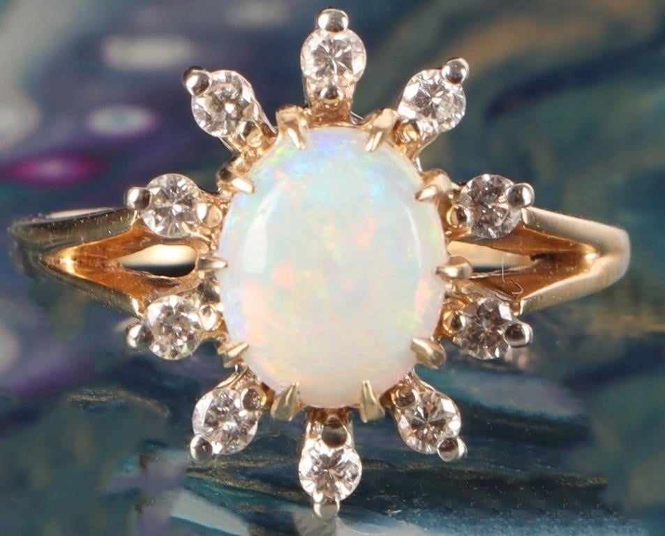 14K YELLOW GOLD LADIES RING W/ OPAL & 10 DIAMONDS (1 of 4)