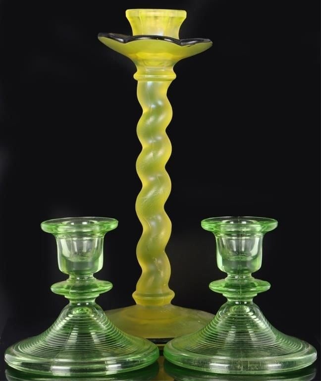 ANTIQUE VASELINE GLASS URANIUM CANDLE HOLDERS (3) (1 of 3)
