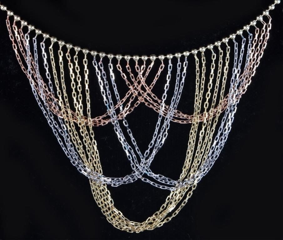 LOVELY 14K GOLD LAYERED DRAPING LADIES NECKLACE: Finely crafted 14k yellow gold ladies necklace composed of yellow gold, white gold, and rose gold.Weight: 6.0 gramsSize: 16" longCondition: See pictures.