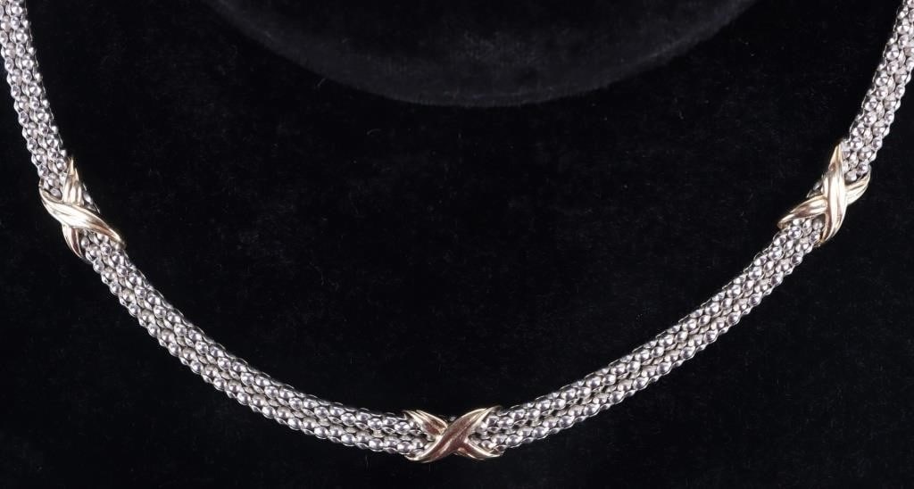 14K WHITE GOLD POPCORN CHAIN NECKLACE ITALIAN MADE: 14k white gold popcorn chain necklace with three 14k yellow gold bands arranged toward the center of the piece as accents.Weight: 21.94 gramsSize: 17.5" longCondition: Glittering, see pictures.