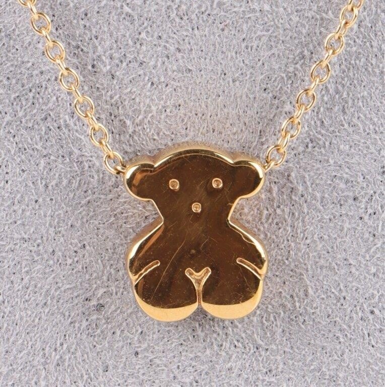 18K YELLOW GOLD TOUS BEAR MOTIF LADIES NECKLACE: 18K yellow gold Tous (large size) Sweet Dolls Bear Motif ladies necklace.Weight: 2.45 GramsSize: 16.00"Condition: See pictures.