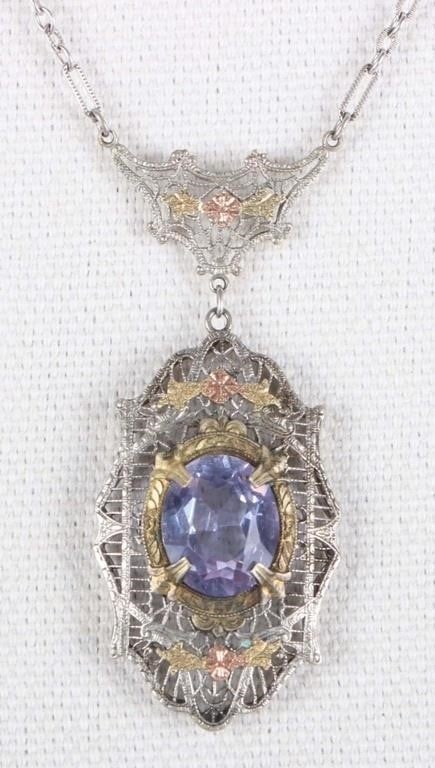 ANTIQUE 0.925 SILVER FILIGREE LADIES NECKLACE: Antique art deco ornate sterling silver filigree ladies necklace.Stone Type: AssortedWeight: 5.74 GramsSize: 17.00"Condition: Very fine.