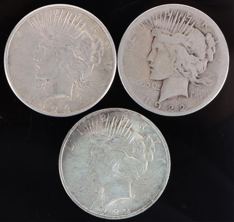 PEACE SILVER US DOLLARS 1922 & 1923 LOT OF THREE (1 of 2)