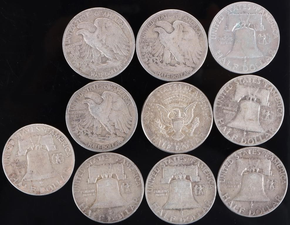 90% SILVER ASSORTED U.S. HALF DOLLARS - (10) - 2
