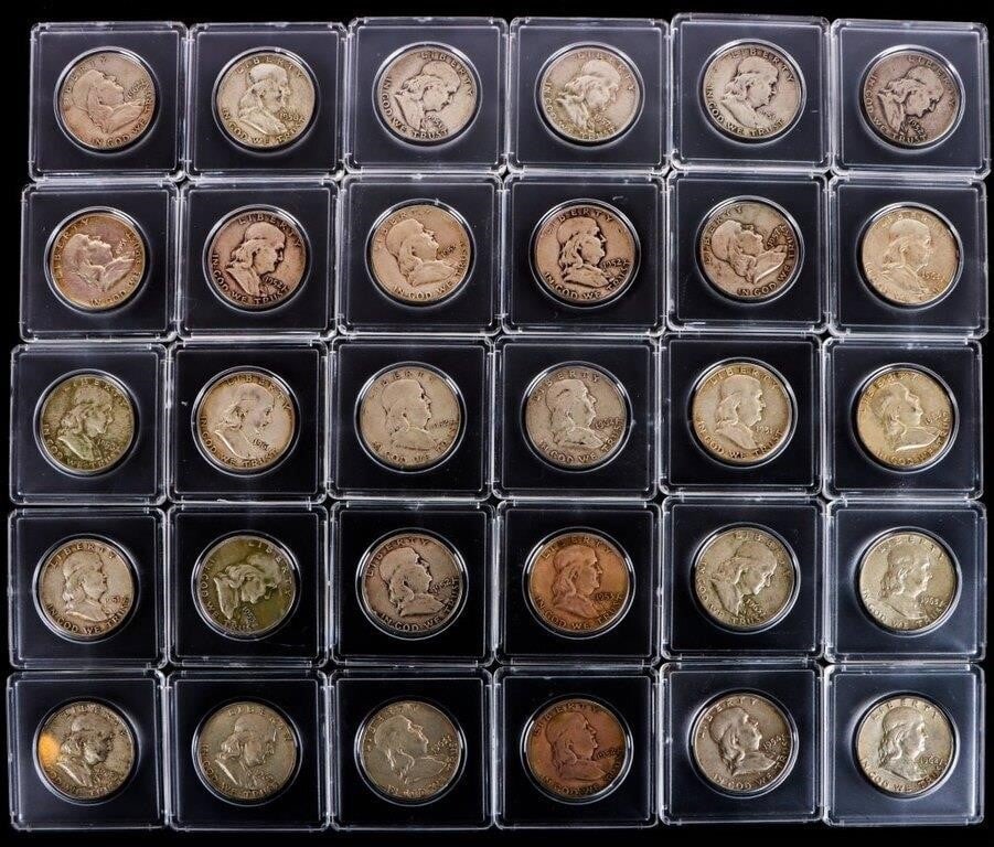 ASSORTED 90% SILVER BEN FRANKLIN HALF DOLLARS-(30): Thirty assorted 90% silver Ben Franklin Half Dollars encased and boxed.Weight: 375.00 GramsCondition: Ranges between Good to Very Fine.
