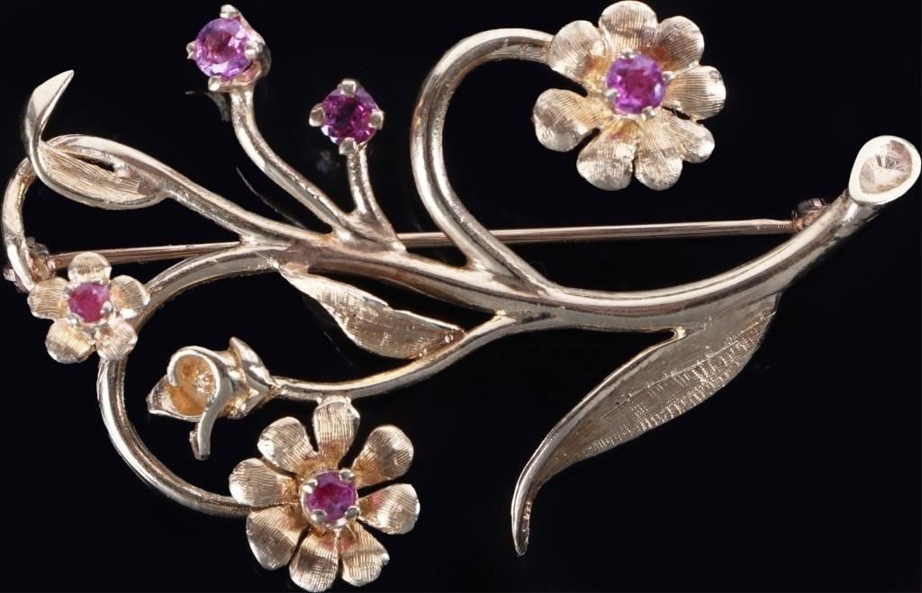 14K YELLOW GOLD FLORAL BROOCH W/ FIVE RUBY GEMS (1 of 7)