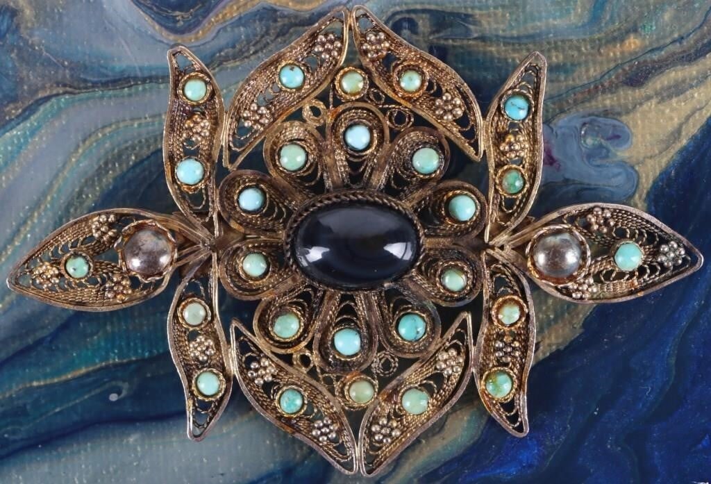 FILIGREE ORIENTAL GOLD-TONE 925 BROOCH W TURQUOISE (1 of 2)