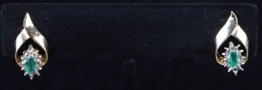 14K YELLOW GOLD DIAMOND EMERALD EARRINGS (1 of 2)