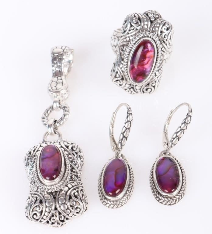 SARDA DESIGNER STERLING SILVER PINK JEWELRY SET: Sarda designer sterling silver pink iridescent matching pendant, earrings and ring.Stone Type: AssortedWeight: 33.1 GramsSize: 2.75" lengthCondition: Very fine.